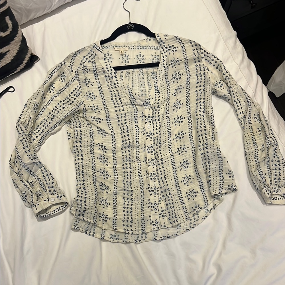 En Creme Blue & White Boho Blouse Small Lightweight Flowy Peasant Top